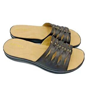 Dockers Womens Sandals Size 6 M Brown Leather Strappy Slip On Wedge Flats Slides